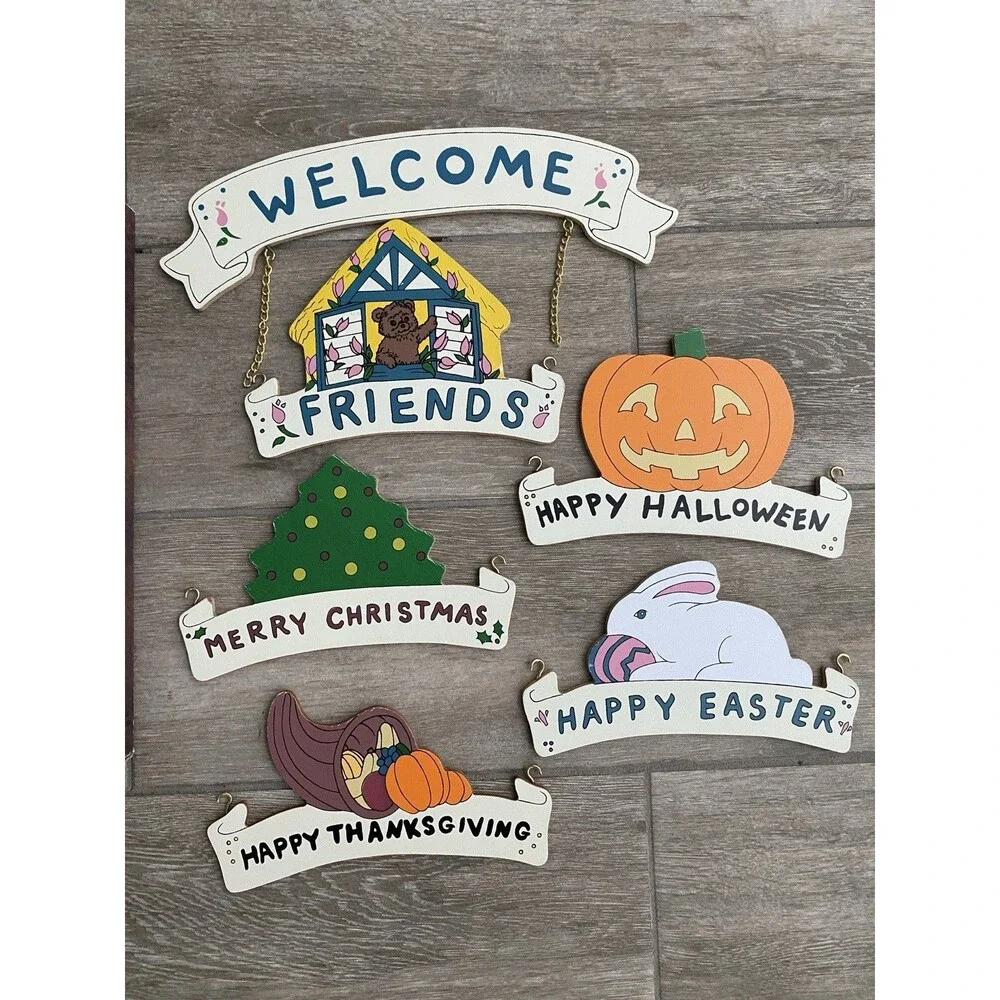 Vintage Hanging Wooden Holiday Welcome Sign Easter Halloween Christmas Friends